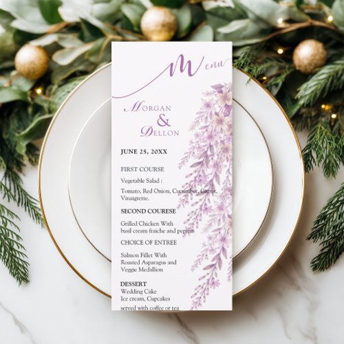 Elegant Soft Blush Lavender Floral Wedding  Menu
