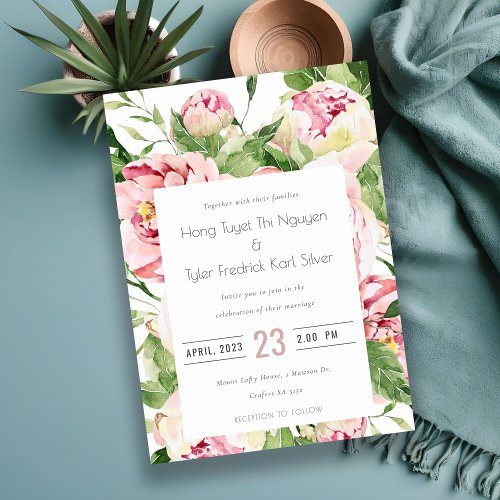 Elegant Soft Blush Peony Floral Watercolor Wedding Invitation