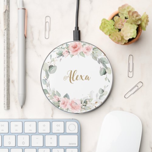 Elegant Soft Blush Pink Floral Greenery Wreath  Wireless Charger