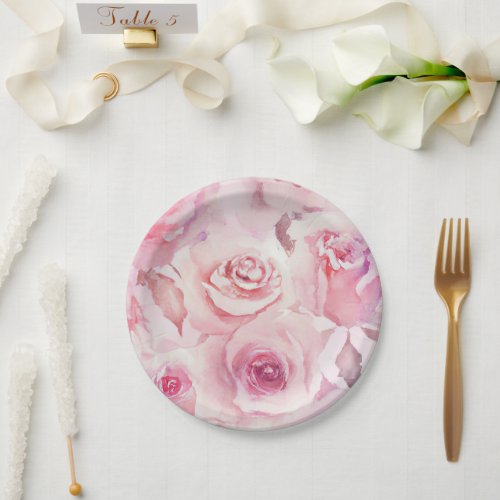 Elegant Soft Blush Pink Rose Floral Paper Plates