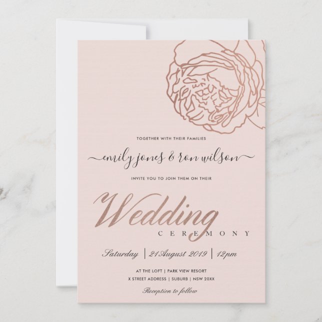 ELEGANT SOFT BLUSH PINK ROSE GOLD FLORAL WEDDING INVITATION (Front)