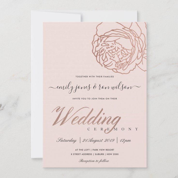 ELEGANT SOFT BLUSH PINK ROSE GOLD FLORAL WEDDING INVITATION | Zazzlecom