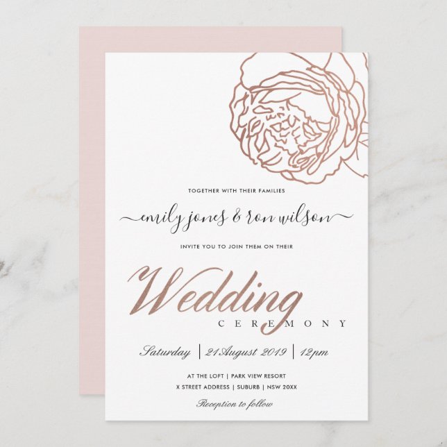 ELEGANT SOFT BLUSH PINK ROSE GOLD FLORAL WEDDING INVITATION (Front/Back)