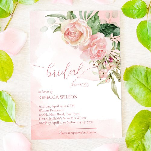 Elegant soft blush pink roses bridal shower invita invitation