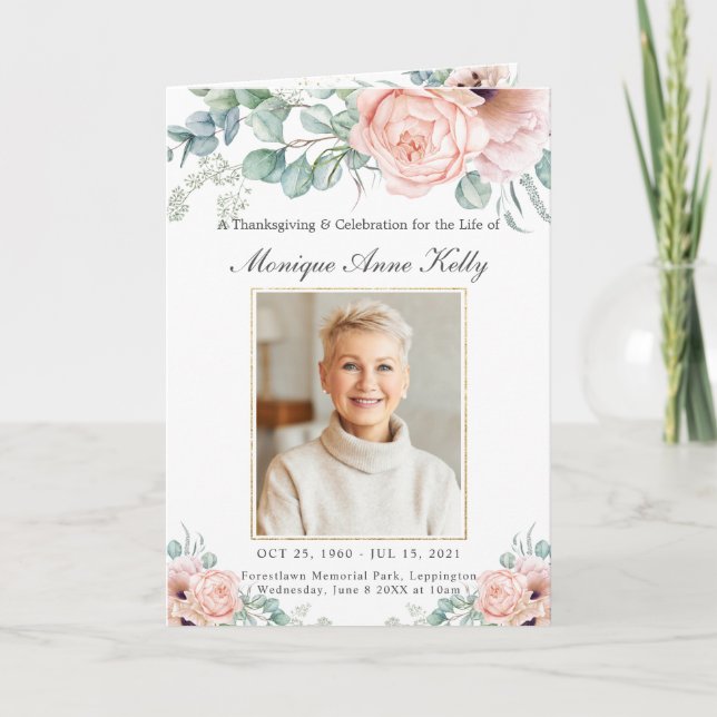 Elegant Soft Blush Pink Roses Floral Photo Funeral Program (Front)