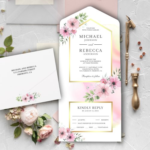 Elegant Soft Blush Pink Watercolor Floral Wedding All In One Invitation