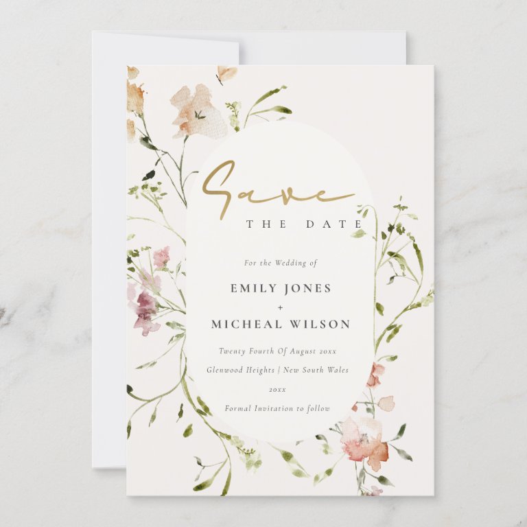 Elegant Soft Blush Red Green Meadow Watercolor Save The Date