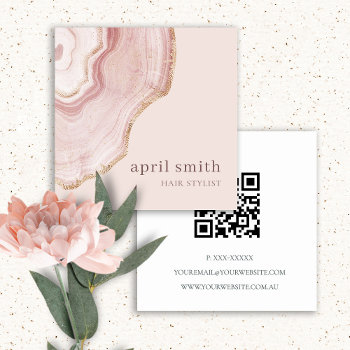 Elegant Soft Blush Rose Gold Agate Marble Qr Code Square Business Card by DearBrand at Zazzle