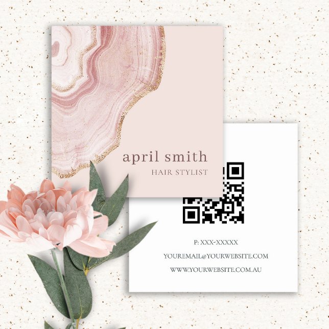 Elegant Soft Blush Rose Gold Agate Marble QR Code Square Business Card