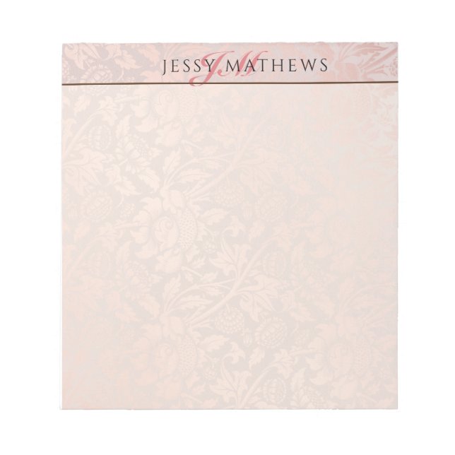 ELEGANT SOFT BLUSH ROSE GOLD DAMASK|NAME & INITIAL NOTEPAD (Front)