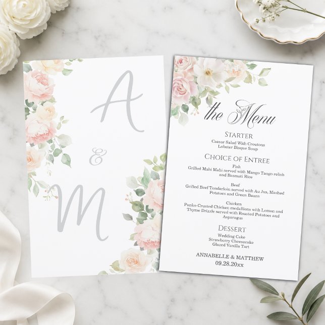 Elegant Soft Blush Roses Budget Wedding Menu (Creator Uploaded)