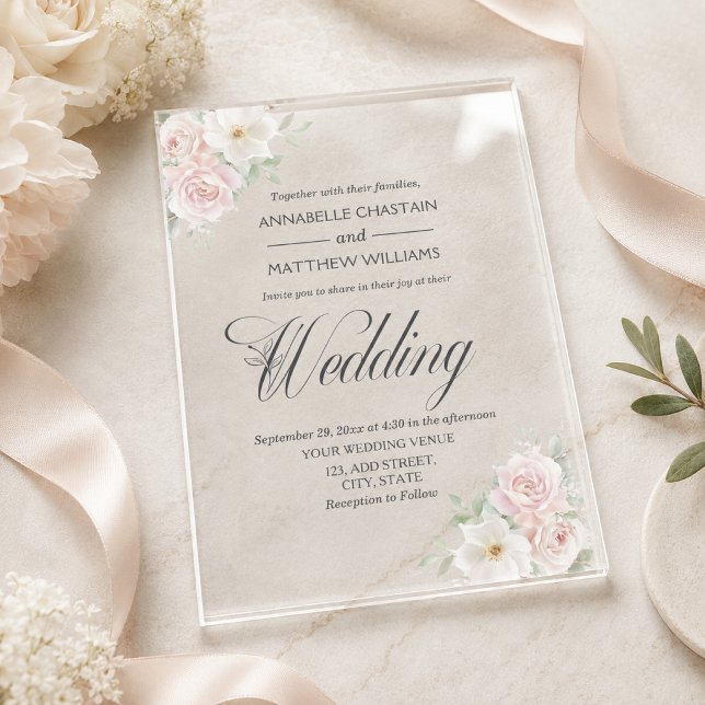 Elegant Soft Blush Roses Wedding  Acrylic Invitations (Creator Uploaded)