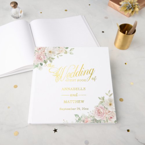 Elegant Soft Blush Roses Wedding Gold Foil Guest Book