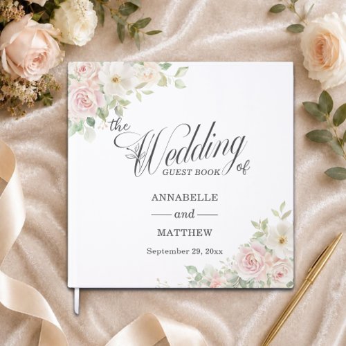 Elegant Soft Blush Roses Wedding Guest Book