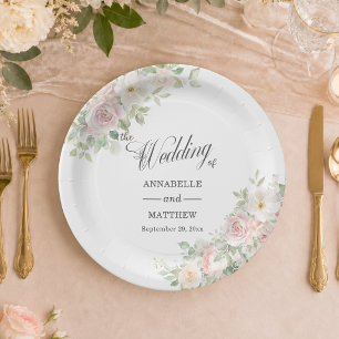 Elegant Soft Blush Roses Wedding Paper Plates