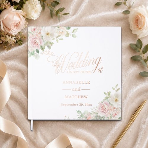 Elegant Soft Blush Roses Wedding Rose Foil Guest Book