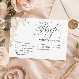 Elegant Soft Blush Roses Wedding RSVP with Meals Card