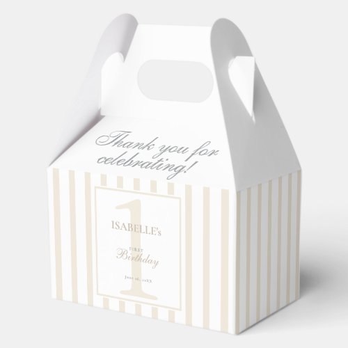 Elegant Soft Champagne Stripe 1st Birthday Gable Favor Boxes