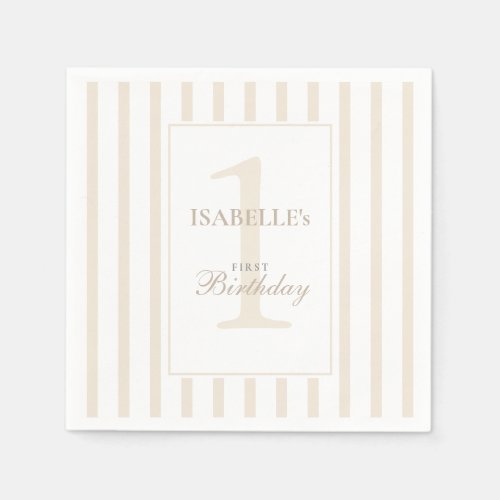 Elegant Soft Champagne Stripe 1st Birthday Napkins