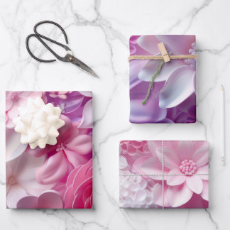 Elegant Soft Colors 3D Pink Flowers Pattern Floral Wrapping Paper Sheets