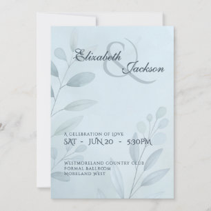 Elegant Soft Cool Blue Botanical Script Wedding Invitation