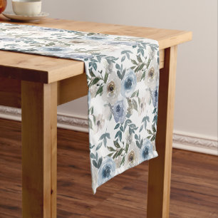 Elegant Soft Dusty Blue Watercolor Florals for Short Table Runner