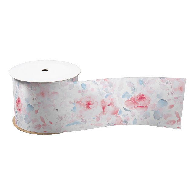 Elegant Soft Flowers Romantic Dusty Blue Pink Satin Ribbon (Spool)
