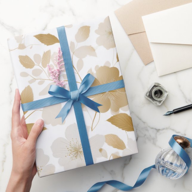 Elegant Soft Gold Flower White Floral Pattern Wrapping Paper (Gifting)
