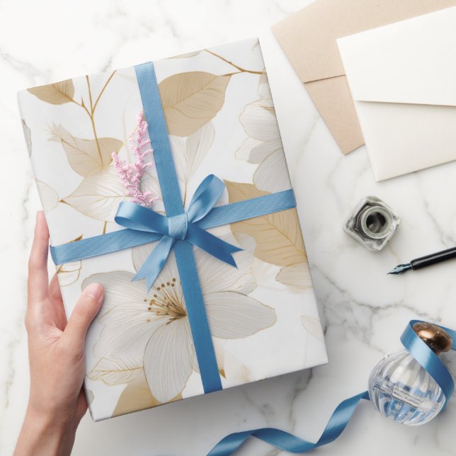 Elegant Soft Gold Flower White Floral Pattern Wrapping Paper (Gifting)
