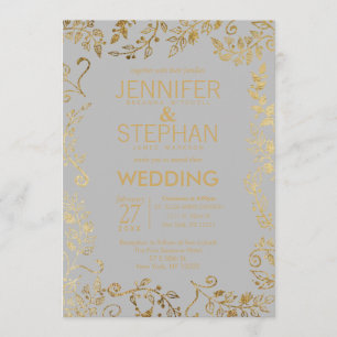 Elegant Soft Gray and Yellow Gold Floral Wedding Invitation