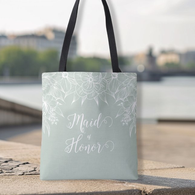 Elegant Soft Green and White Outline Floral Bridal Tote Bag (Creator Uploaded)
