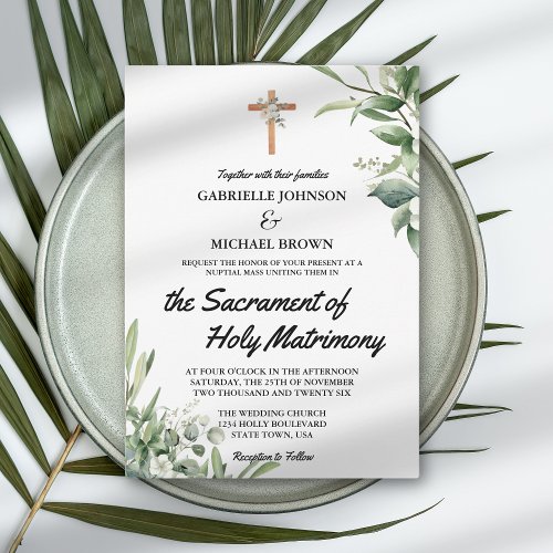 Elegant Soft Green Floral Nuptial Mass White Invitation