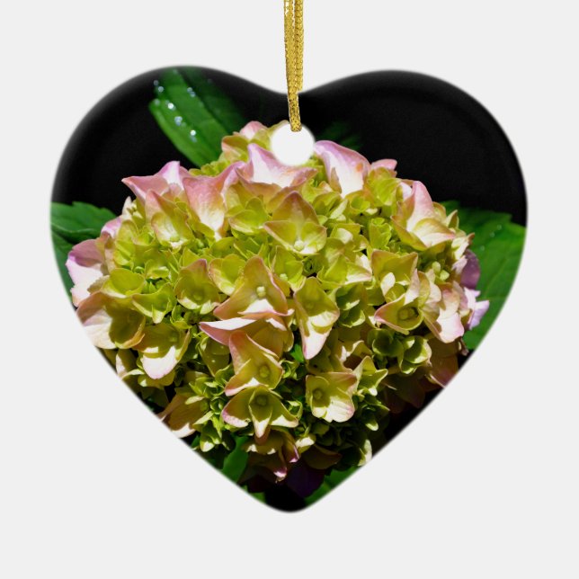 Elegant soft green pink green floral hydrangea ceramic ornament (Front)