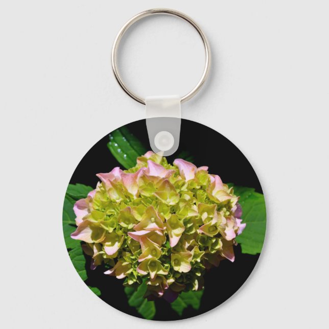 Elegant soft green pink green floral hydrangea keychain (Front)