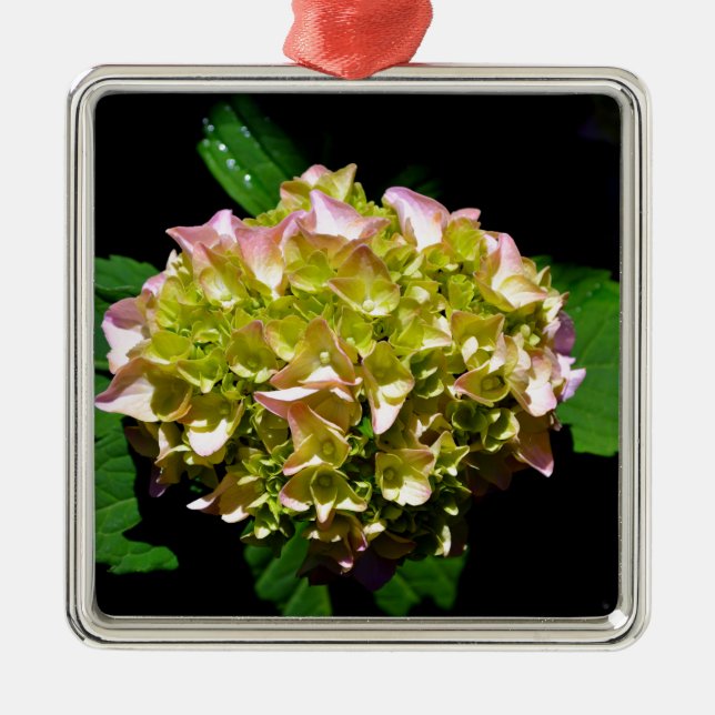 Elegant soft green pink green floral hydrangea metal ornament (Front)