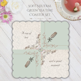 Elegant Soft Green Tea Time Literary Scalloped  Paper Coaster