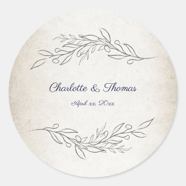 Elegant Soft Leaves Script Wedding Classic Round Sticker (Front)