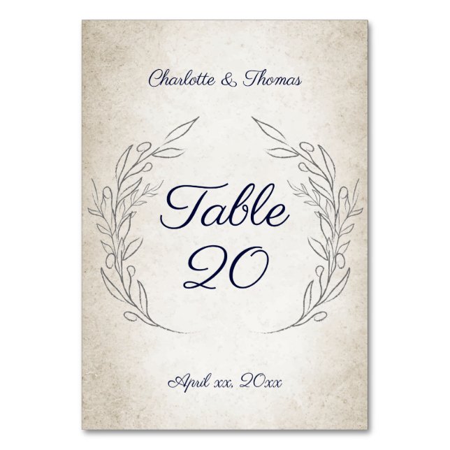 Elegant Soft Leaves Script Wedding Reception Table Number (Front)