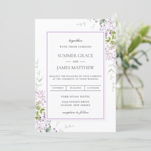 Elegant Soft Lilac Purple Floral Greenery Wedding  Invitation