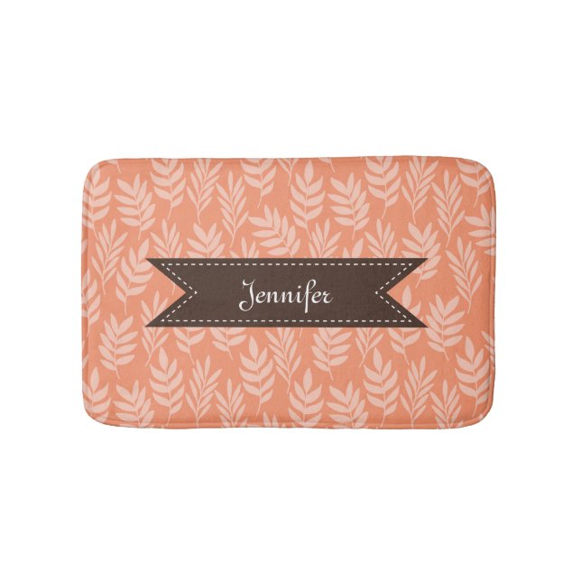Elegant Soft Orange Leaves Chic Pattern With Name Bathroom Mat (Front)