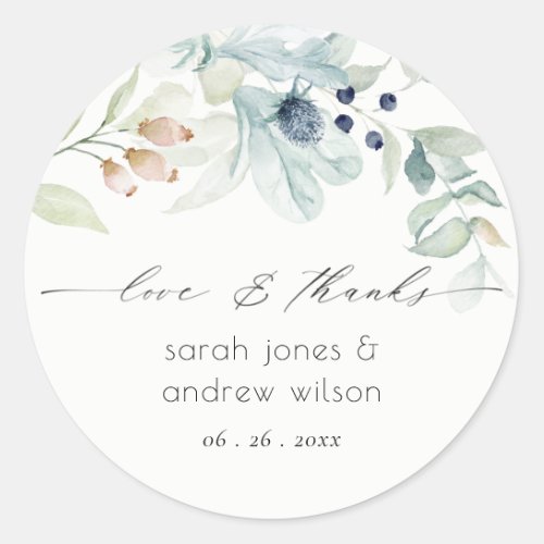 Elegant Soft Pastel Blue Green Foliage Wedding Classic Round Sticker