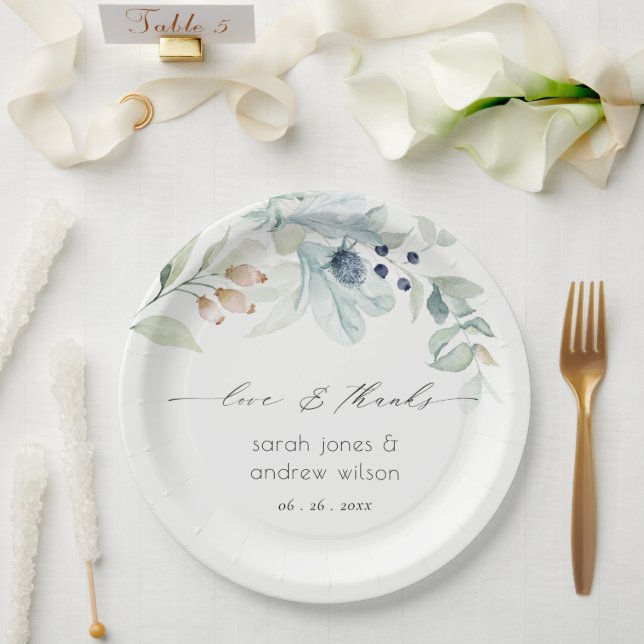 Elegant Soft Pastel Blue Green Foliage Wedding Fav Paper Plates (Wedding)