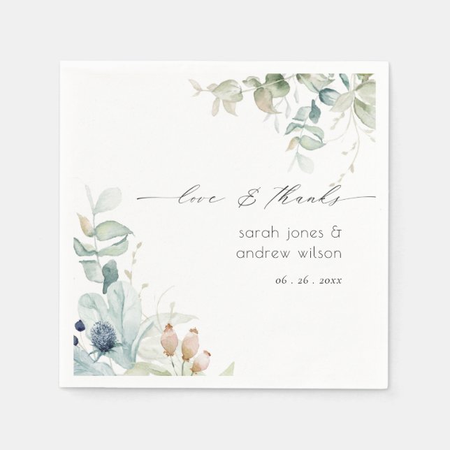 Elegant Soft Pastel Blue Green Foliage Wedding Napkins (Front)