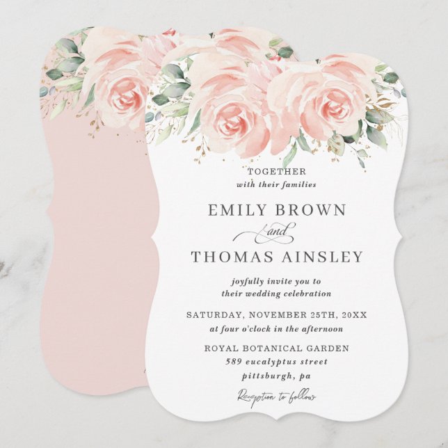 Elegant Soft Pastel Blush Floral Roses Wedding Invitation (Front/Back)