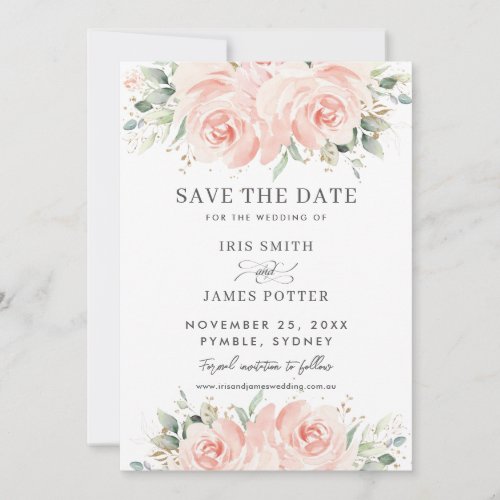 Elegant Soft Pastel Blush Floral Roses Wedding Save The Date