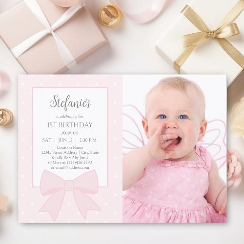 Elegant Soft Pastel Pink Bow First Birthday Photo Invitation