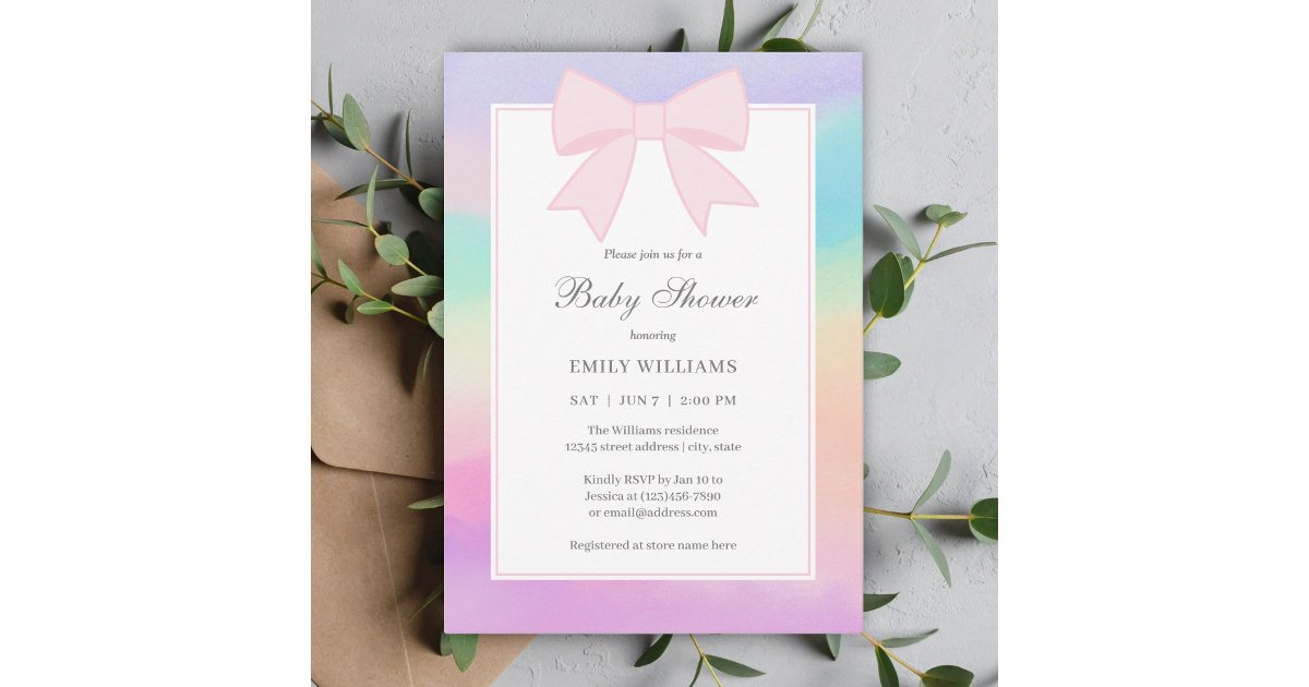 Elegant Soft Pastel Pink Bow Girl Baby Shower Invitation | Zazzle