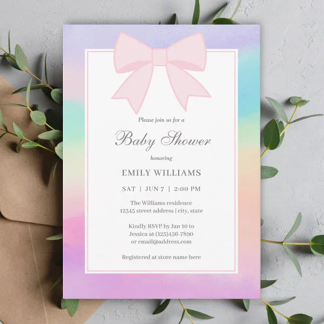Elegant Soft Pastel Pink Bow Girl Baby Shower Invitation | Zazzle