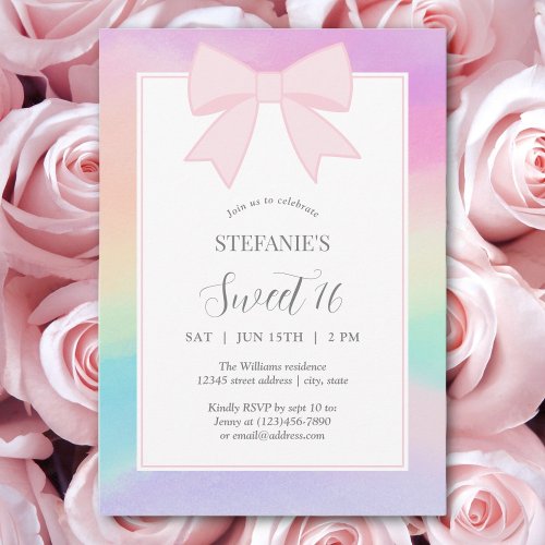 Elegant Soft Pastel Pink Bow Sweet 16 Birthday Invitation