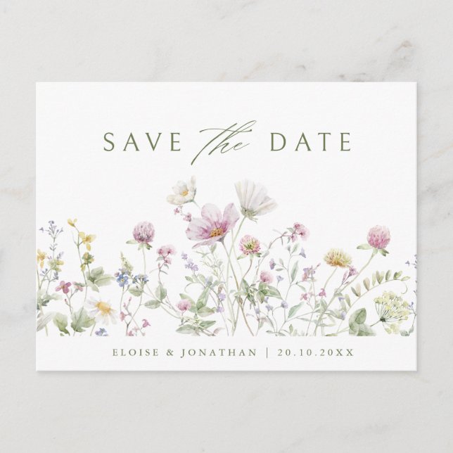 Elegant Soft Pastel Wildflower Boho Save the Date Postcard (Front)